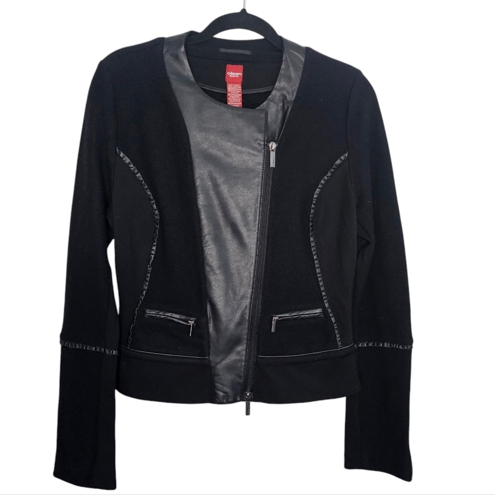 Olsen Wool Vegan Leather Zip Up Jacket Size 2